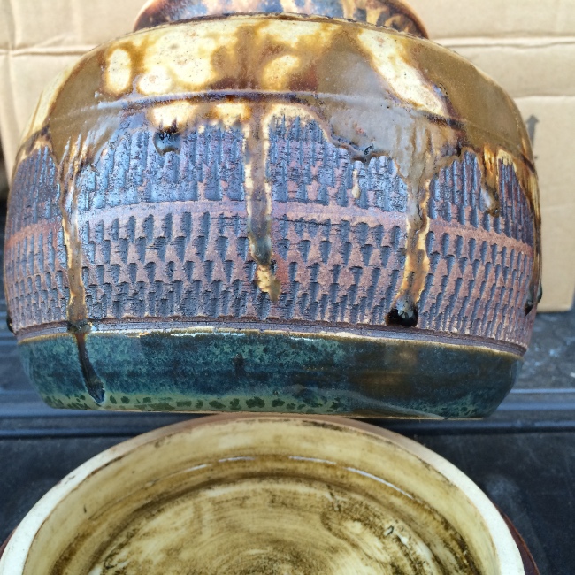 Lidded ceramic jar - side texture & glaze (iron oxide, ash glaze) Lidded ceramic jar - side texture & glaze (iron oxide, ash glaze)